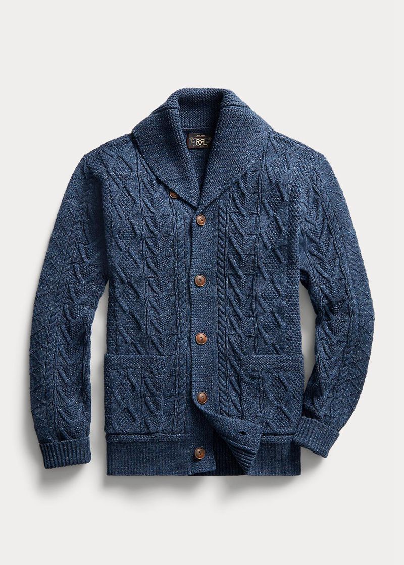 Sueter RRL Hombre Aran-Knit Cotton Cardigan Chile Azules WRFSY-8365